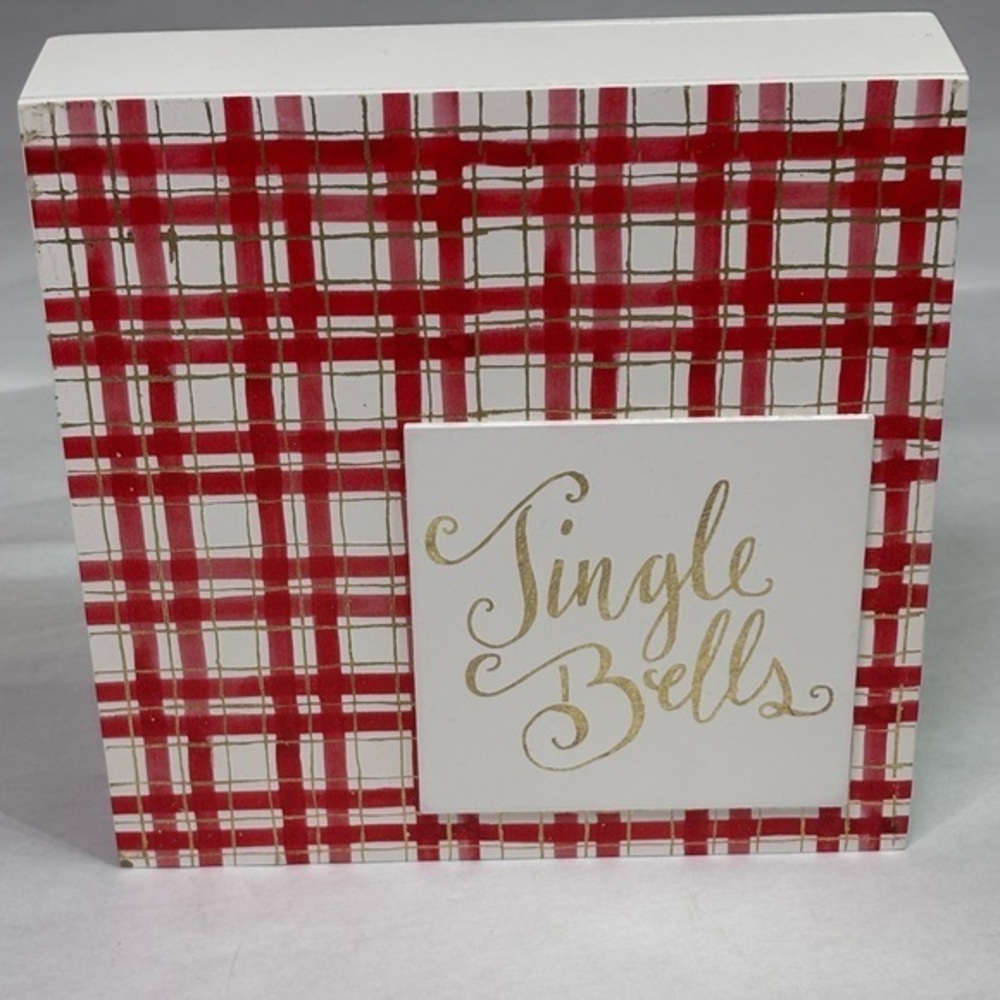 Kirklands Home White/Red Check Jingle Bells Decorative Block